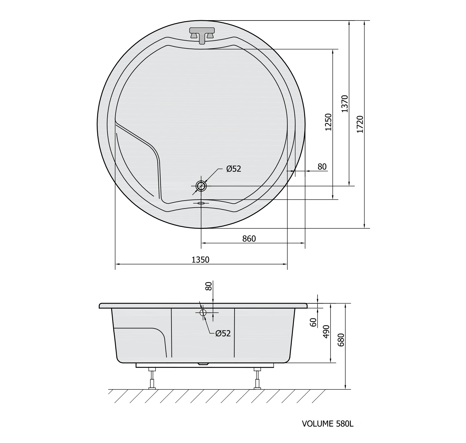 ROYAL ROUND Badewanne mit Rahmengestell, rund, 172x172x49cm, weiß
