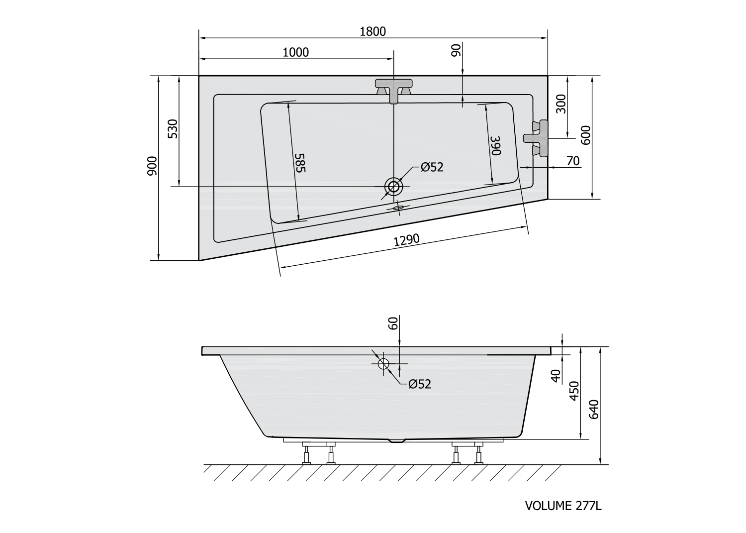 ANDRA L asymmetrische Badewanne 180x90x45cm, links, schwarz matt
