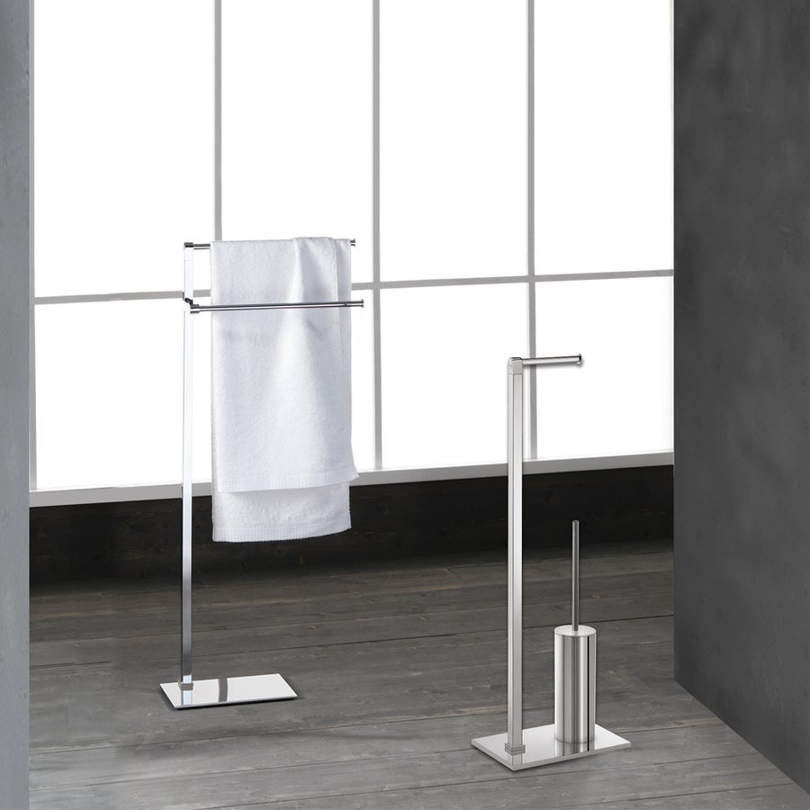 Ständer mit Toilettenpapierhalter und WC-Bürste, eckig, Chrom