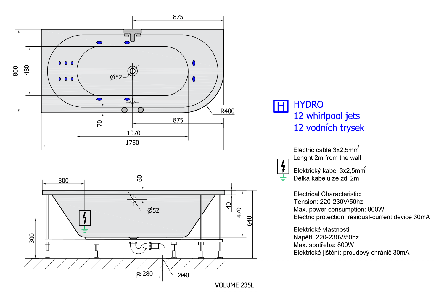 VIVA L HYDRO Hydromassage-Badewanne, 175x80x47cm, weiss