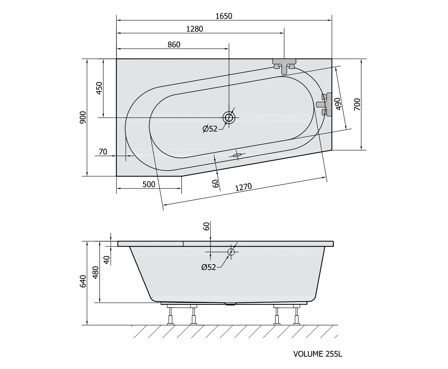 ASTRA WL asymmetrische Badewanne 165x90x48cm, links, weiß