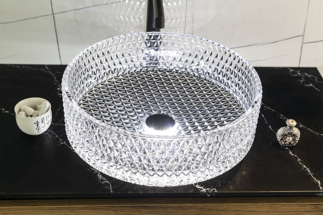 MARAGUA Graviertes Glaswaschbecken Ø 39,5cm, klarglas